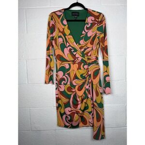 Donna Morgan Psychedelic Swirl Wrap Dress Pink Orange Green Retro Mod 8